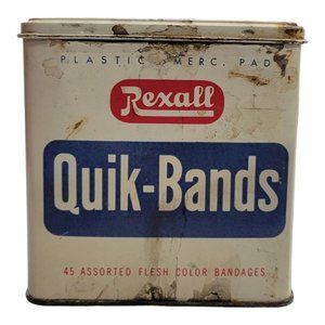 Vintage Rexall Quik Bands Metal Tin Box Pro Cap Bandages Empty Retro First Aid